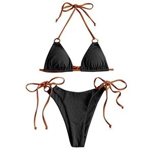 Women's Ribbed Bikini Sets Neck Cheeky Swimsuit Textured Two Piece NWT 4 or XS